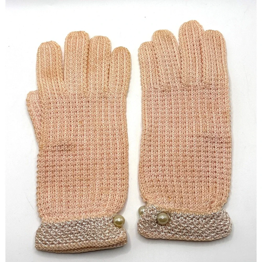 Vintage Peach Knit Gloves‎ Pearl Accents and Metallic Silver Cuffs Church Easter